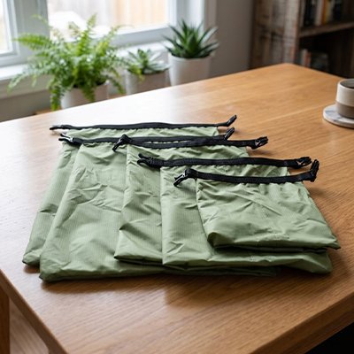 sac waterproof lot de 5 sur table en bois