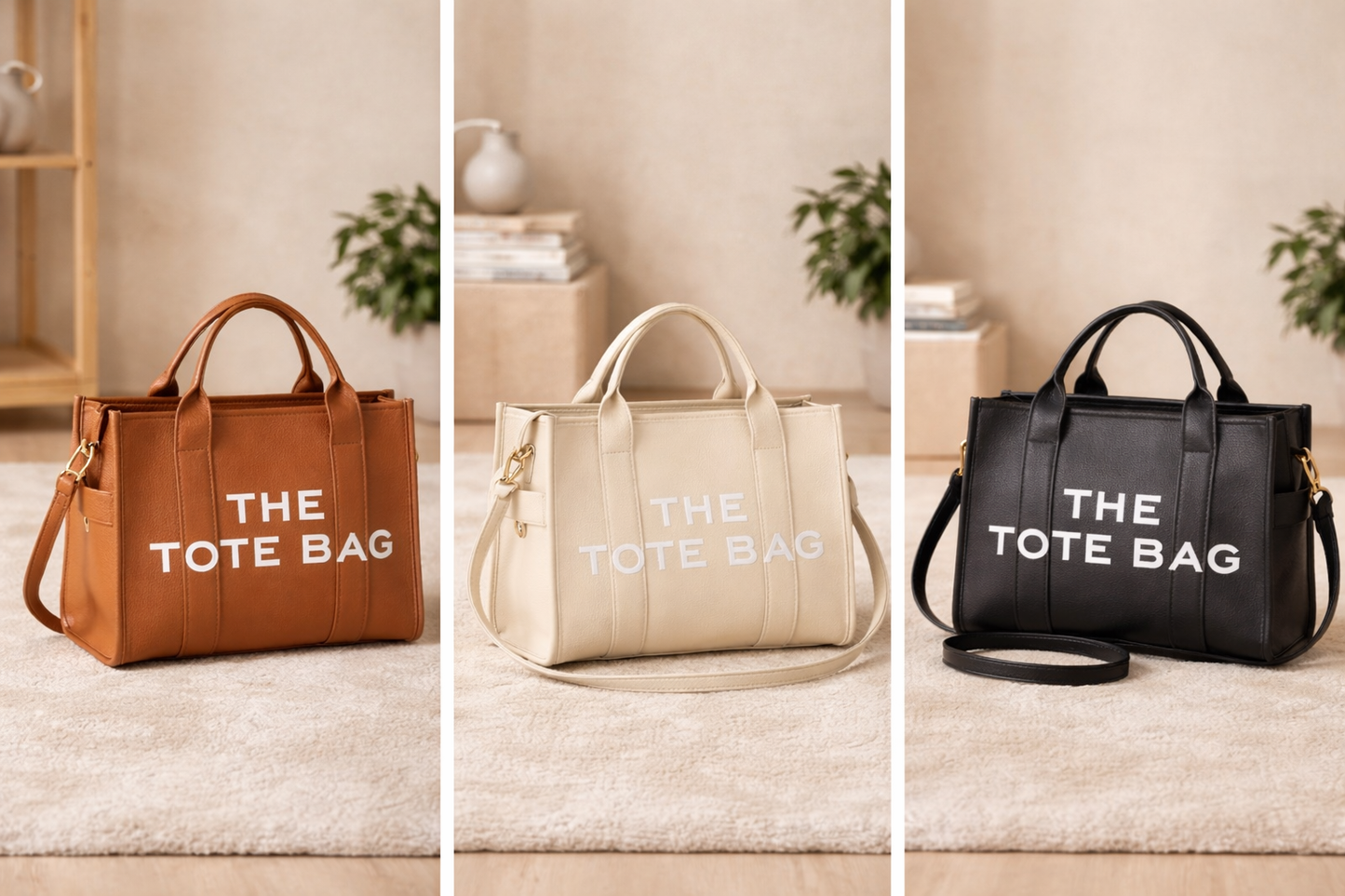 sac week end femme couleur marron abricot noir posé sur un tapis en intérieur zen ambiance boutique minimaliste