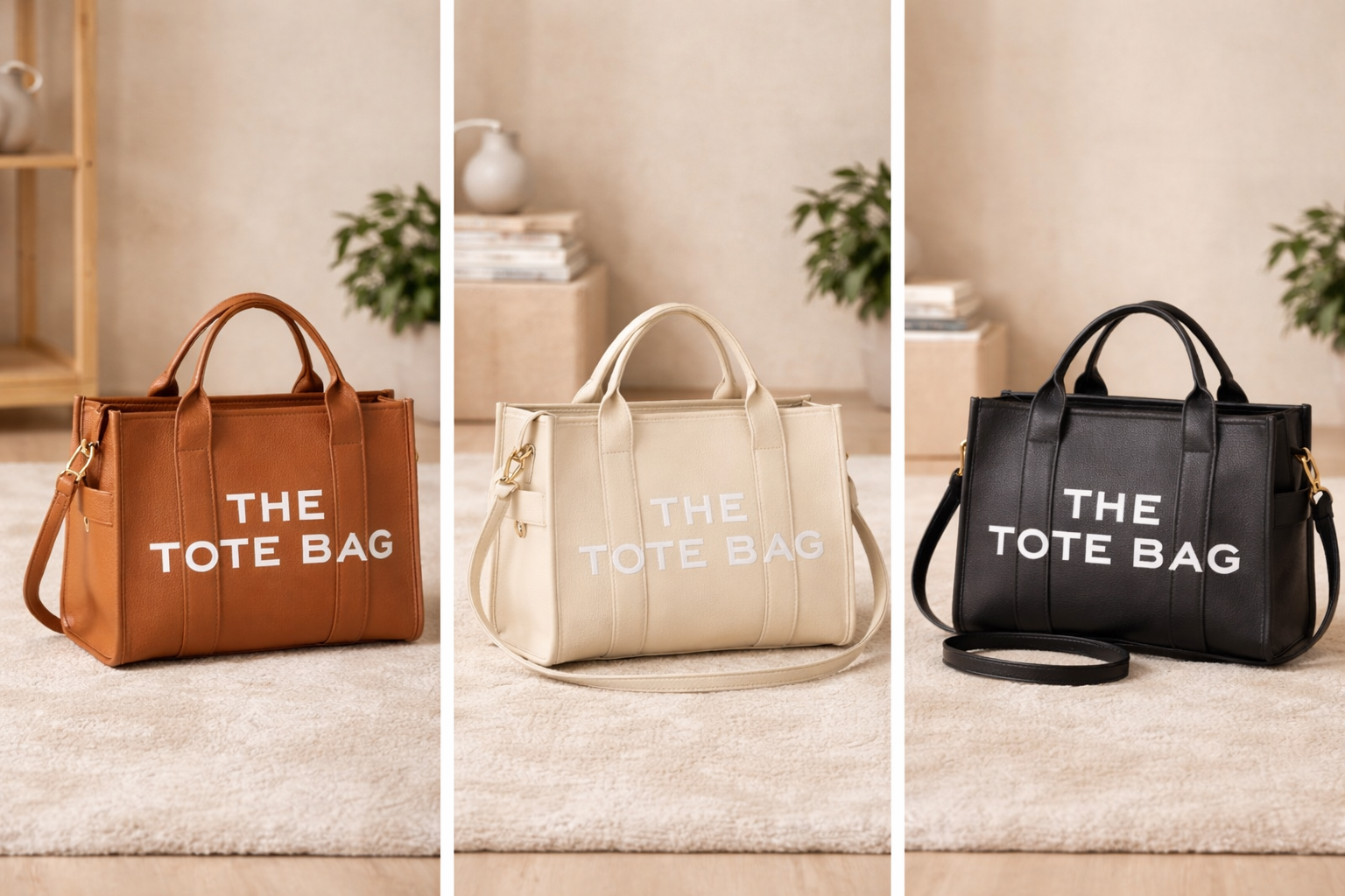sac week end femme couleur marron abricot noir posé sur un tapis en intérieur zen ambiance boutique minimaliste
