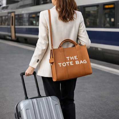 Sac week end femme couleur marron porté à l’épaule dans une gare en contexte de voyage urbain avec valise