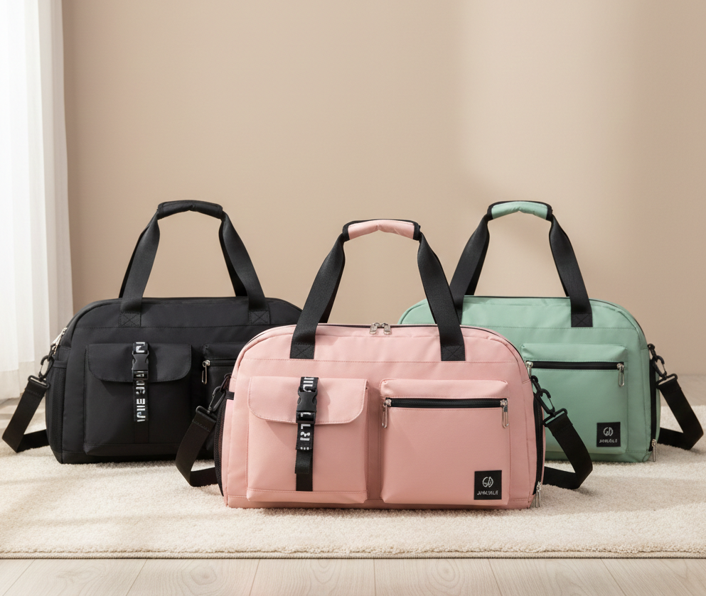 sac week end femme en trio noir rose et vert ils attendent sagement la prochaine escapade