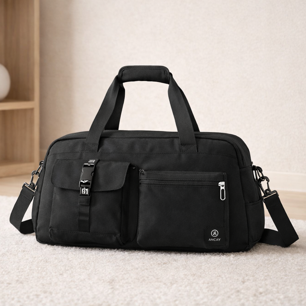 sac week end femme noir sobre avec deux pochettes à l’avant il vous accompagnera à chaque voyage