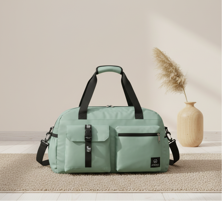 sac week end femme vert sauge dans un décor zen il rêve de balades calmes et de nuits douces loin de la maison