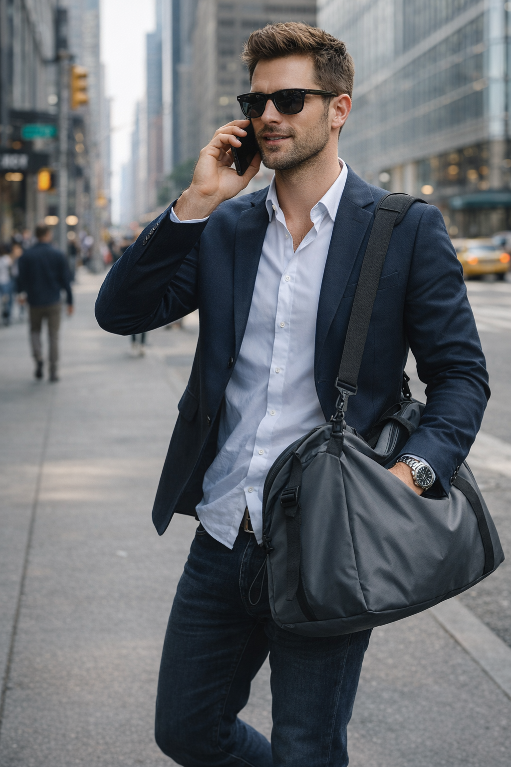 Sac week end gris porte a l'épaule par un homme en extérieur dans un environnement urbain avec immeubles et rue en arrière plan.