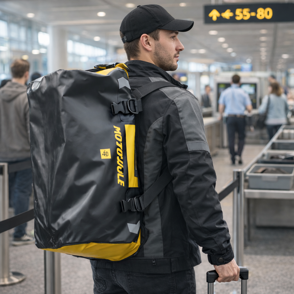Sac week-end homme noir et jaune porté en sac à dos dans un aéroport animé.  passage de contrôle de sécurité, design étanche et pratique pour les déplacements.