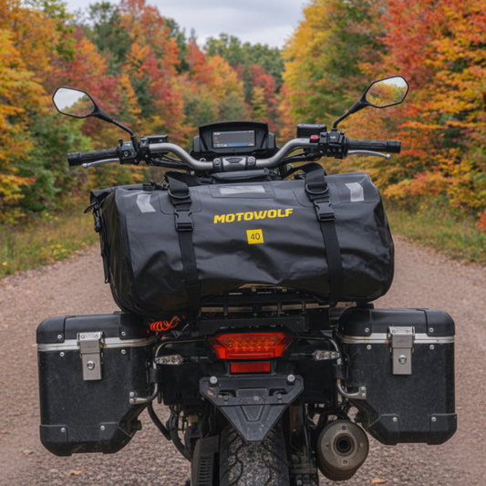 Sac week-end homme noir solidement attaché à l’arrière d’une moto sur un chemin de gravier. Forêt aux feuilles jaunes, rouges et orangées, ambiance voyage d’automne et liberté