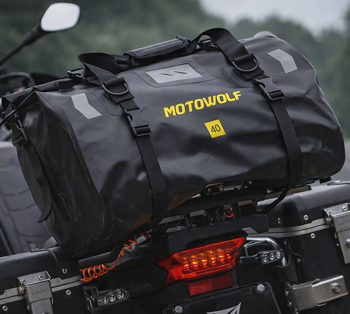Sac week-end homme noir solidement fixé à l’arrière d’une moto sur route forestière. 