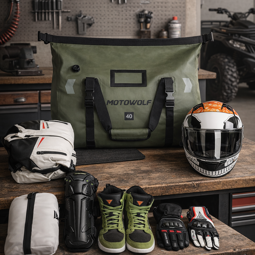 Sac week-end homme vert posé sur un établi en bois dans un garage équipé, entouré d’un casque et d’équipements moto. Ambiance atelier mécanique, robuste et prêt pour l’aventure.