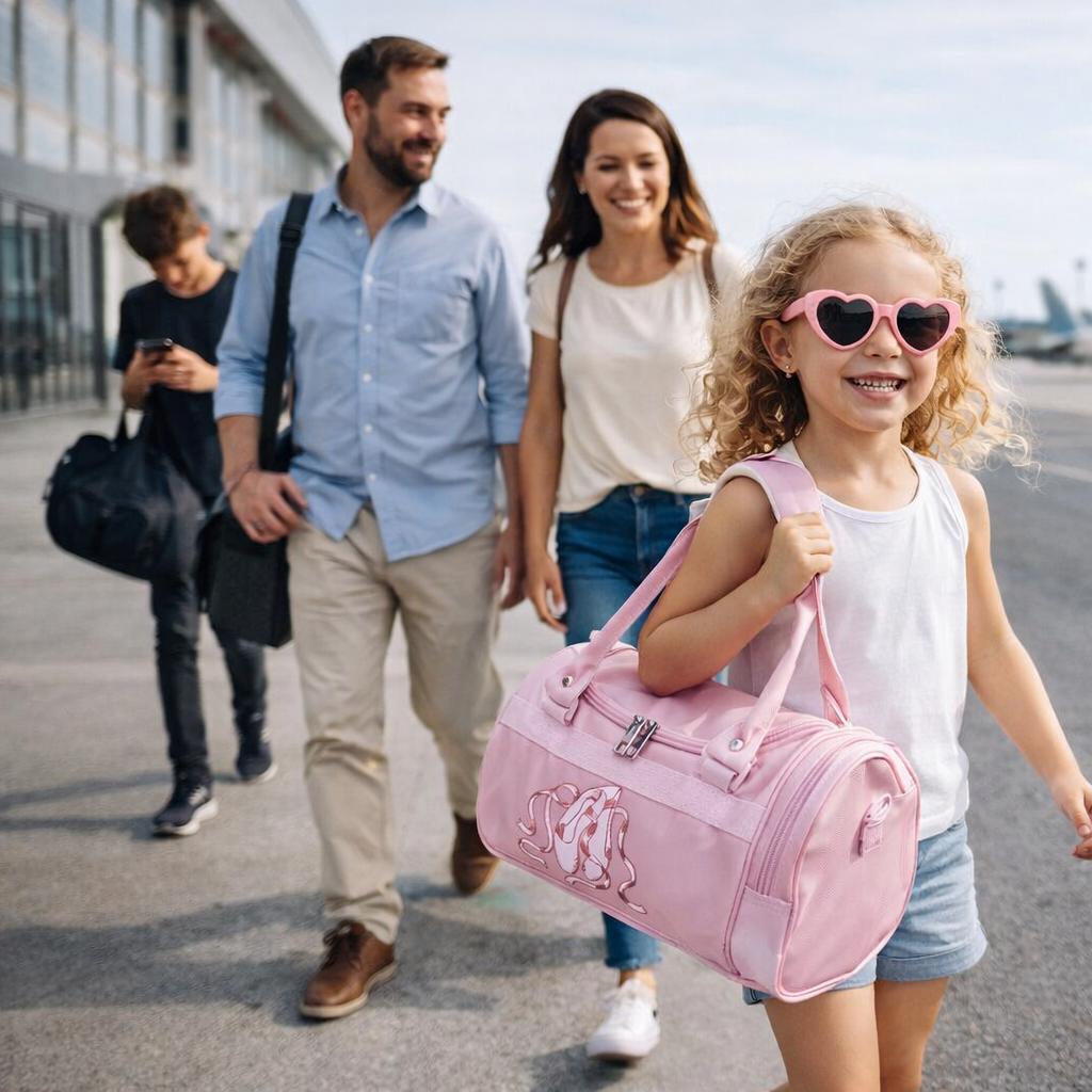 Sac Week End Zen Girly Aventure rose porté par une enfant dans un aéroport, accompagné de sa famille lors d’un voyage.