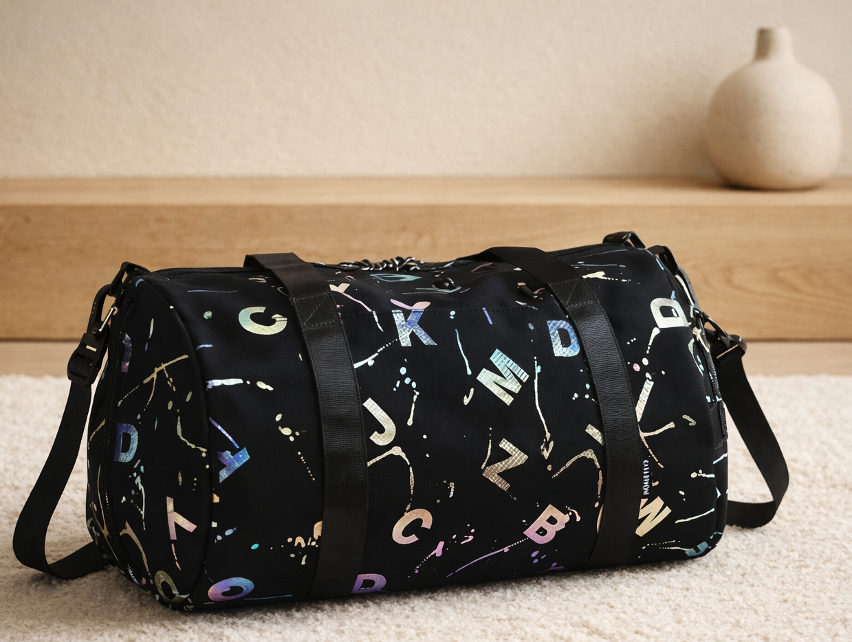 Sac Weekend Fantaisie noir posé sur un tapis clair, mettant en valeur son volume, ses motifs et son style moderne.