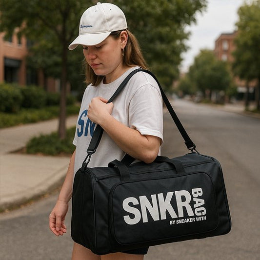 Sac Weekend Zen Noir avec écriture blanche robuste porté par une femme avec casquette en direction de la salle de sport