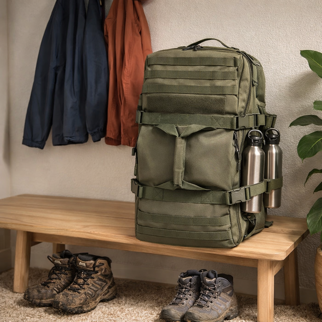 Sac weekender homme grande capacité vert, prêt pour l’aventure, polyvalent, posé sur un banc lors de la préparation d’une randonnée ou d’un voyage en duo.