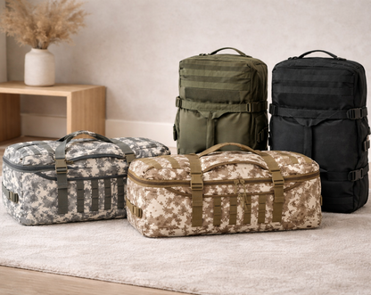 Sac weekender homme multifonction, conçu pour la résistance et le style aventure, présenté dans un intérieur minimaliste, idéal pour le rangement et le voyage, avec une présentation des quatre modèles.
