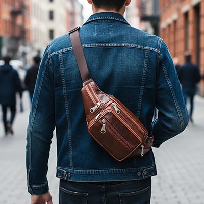 Sacoche banane homme​ marron porté en bandoulière dans le dos