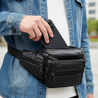 Sacoche banane homme​ noir porté à la taille