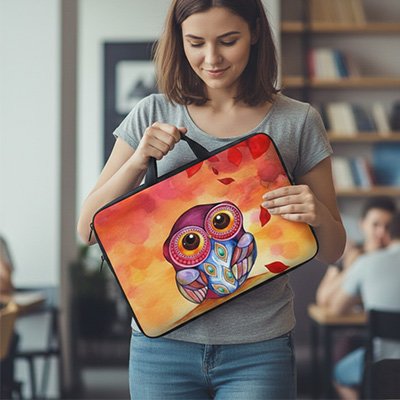 Sacoche ordinateur femme artistique avec motif hibou coloré, tenue à la main par une femme dans un café moderne