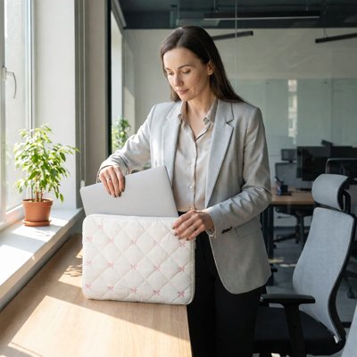Sacoche ordinateur femme blanche matelassée, femme au bureau glissant son ordinateur portable dans une housse chic et protectrice.
