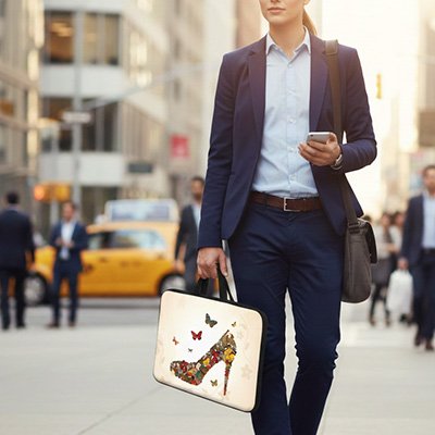 Sacoche ordinateur femme chic avec illustration artistique de chaussure à talon et papillons, portée à la main lors d’un déplacement urbain 