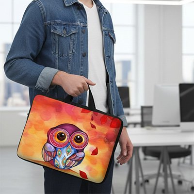 Sacoche ordinateur femme colorée avec illustration hibou artistique, portée à la main dans un environnement de bureau moderne