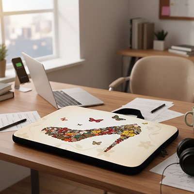 Sacoche ordinateur femme élégante avec illustration artistique de papillons, posée sur un bureau moderne et lumineux avec ordinateur portable