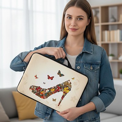 Sacoche ordinateur femme élégante avec illustration artistique de chaussure à talon et papillons, portée par une femme dans un intérieur lumineux
