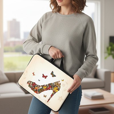 Sacoche ordinateur femme moderne avec illustration artistique de chaussure à talon et papillons, tenue à la main dans un salon lumineux 