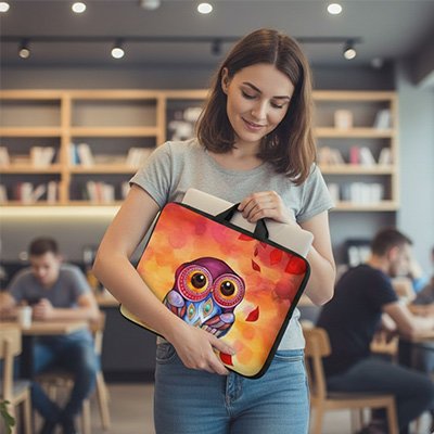 Sacoche ordinateur femme originale avec illustration hibou coloré, portée par une femme dans un café chaleureux et moderne