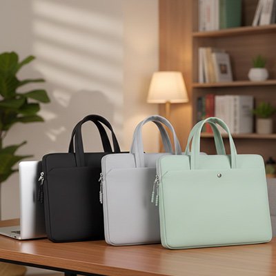 Sacoche ordinateur minimaliste et élégante, disponible en noir, gris clair et vert menthe