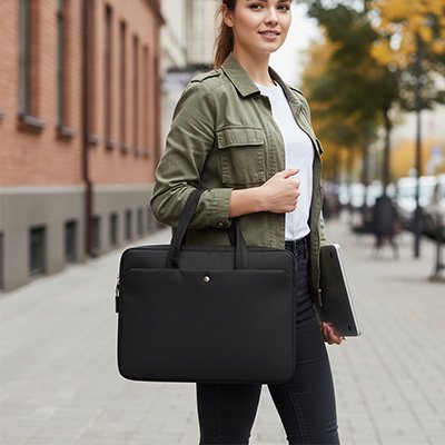 Sacoche ordinateur noir tenu par une femme professionnel en direction pour le travail