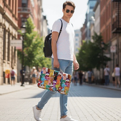 Homme marchant en ville portant une sacoche pour ordinateur multi-colore et unique à la main, avec sac à dos, illustrant un usage urbain et nomade.