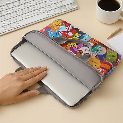 Sacoche pour ordinateur sans poignée ouverte montrant un ordinateur portable à l’intérieur, avec fermeture zippée et doublure grise.