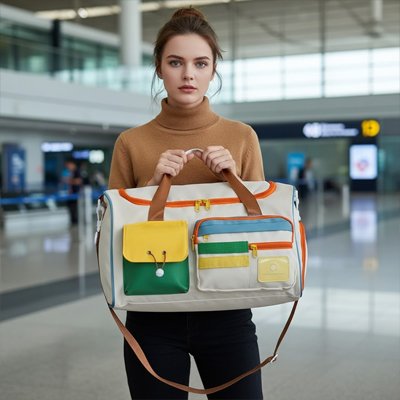 Jeune femme professionnelle à l’aéroport présente un sac voyage multi pochettes compatible norme ATAI, organisation facile, idéal pour court séjour, style moderne