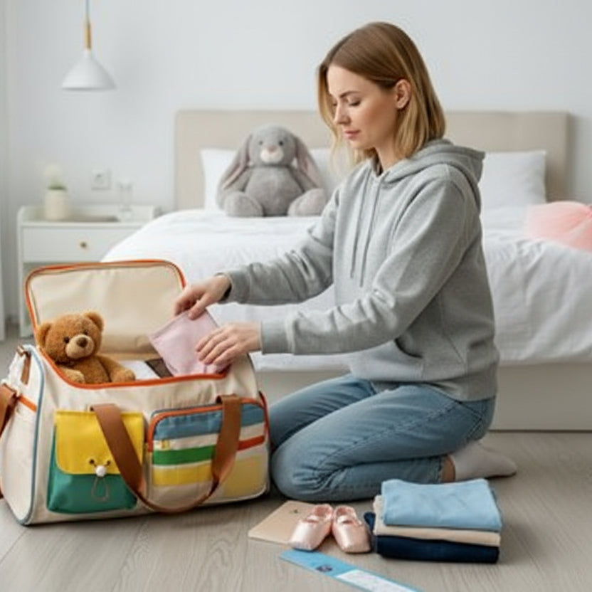 Maman prépare un sac voyage pour le départ de sa fille chez son père, organise les affaires essentielles, ambiance douce du quotidien familial