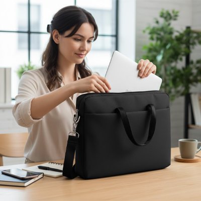 Sophie arrive au bureau et sort son ordinateur du sac ordinateur femme noir. Ambiance Zen et lumineuse