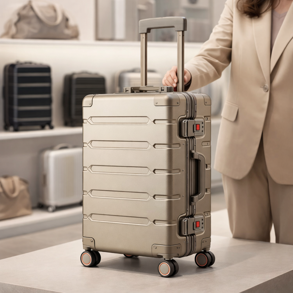 Sur présentoir, l’agente spécialisée en bagages présente la valise cabine titanium gold en magasin