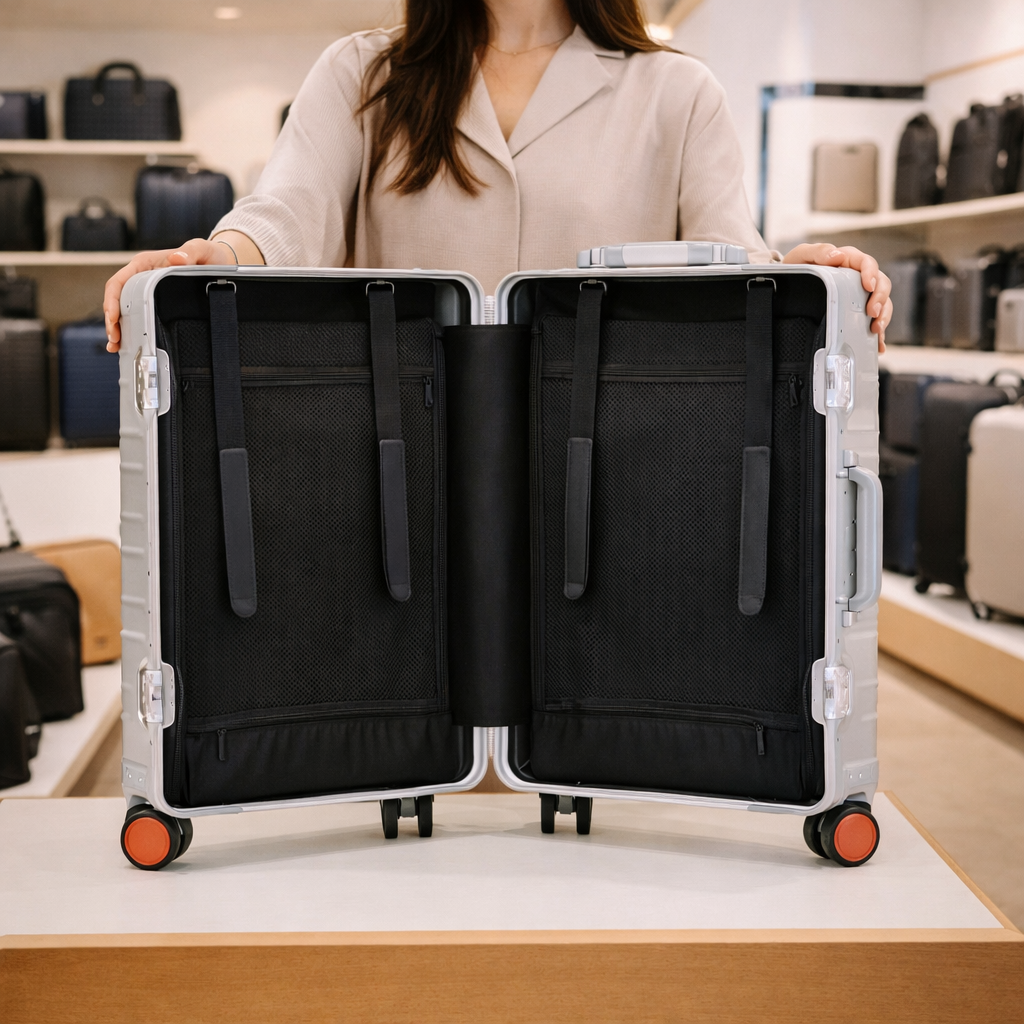 Sur présentoir, l’agente spécialisée en bagages présente l’intérieur de la valise trolley cabine en magasin