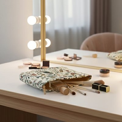 Sur une maquilleuse, présentation de trousse maquillage avec plusieurs pinceaux et éléments à maquillage qui en sorte