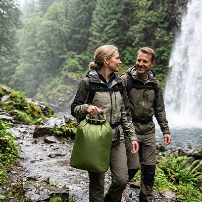 tout prêt d'une chute  deux Promeneurs avec sac waterproof vert