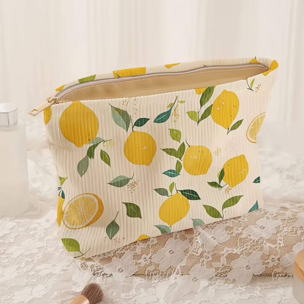 trousse à maquillage à motifs citrons  avec bouteille décorative et pinceau