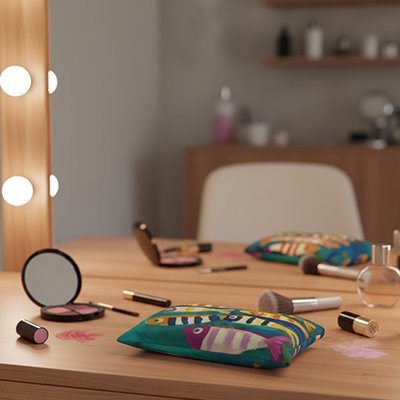 sur bureau la Trousse à maquillage colorée 