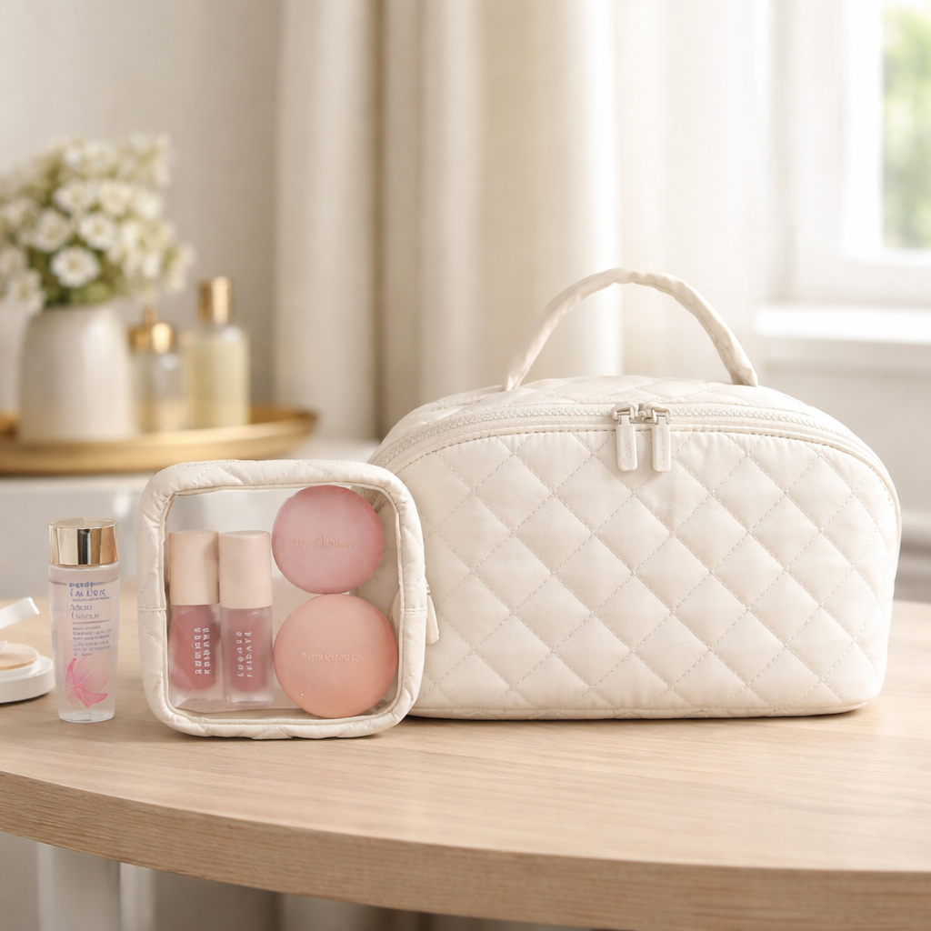 Trousse à maquillage élégante blanche avec petite pochette assortie, présentée sur table coiffeuse minimaliste