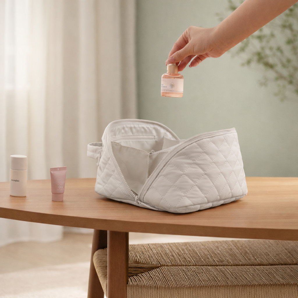 Trousse à maquillage élégante blanche ouverte sur table en bois, main féminine rangeant un flacon cosmétique