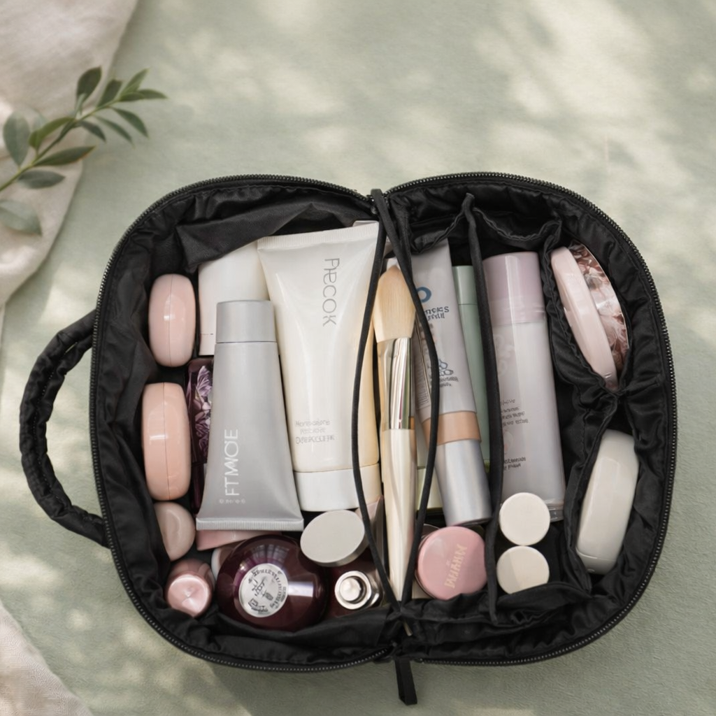 Trousse à maquillage élégante noire ouverte avec produits de beauté organisés, vue de dessus sur fond linge en lin