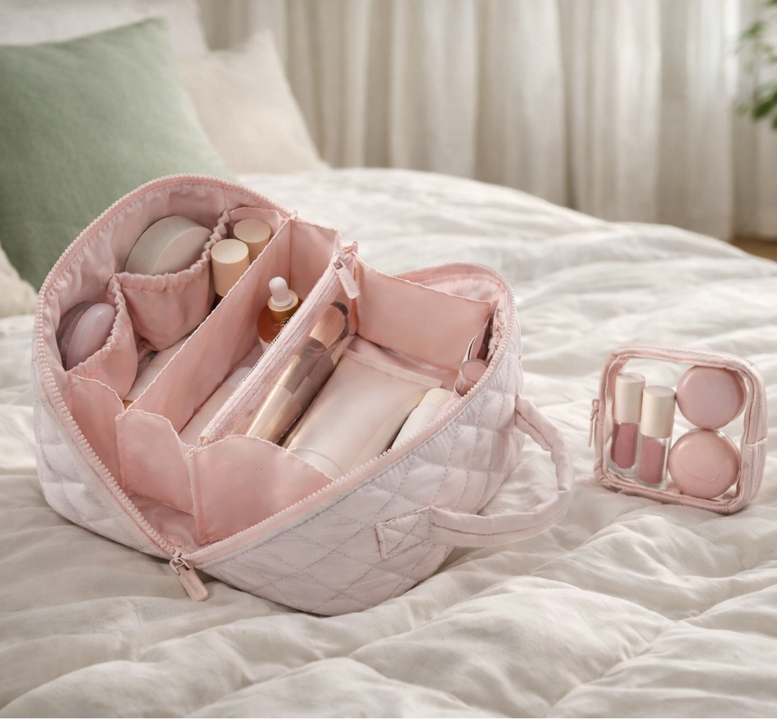 Trousse à maquillage élégante rose ouverte avec compartiments et pochette assortie, posée sur lit blanc