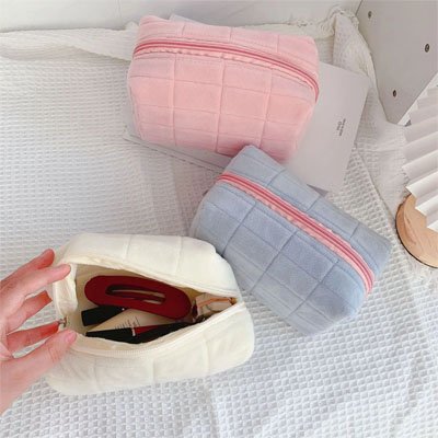 trousse à maquillage velours de trois couleurs bleu rose blanc pour rangement cosmétique accessoires mode minimaliste