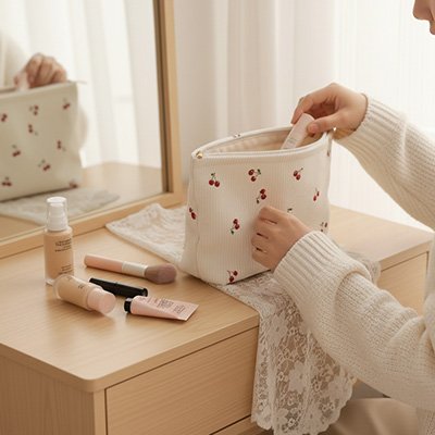 Trousse de maquillage blanche à petites cerises