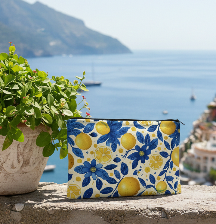 trousse de maquillage fantaisie motif citrons jaunes et fleurs bleues posée sur muret en pierre avec vue mer et village côtier
