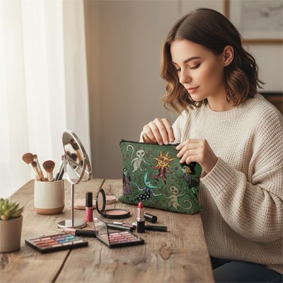 trousse de maquillage fantaisie verte avec motifs ludiques tenue par une femme assise à une table de coiffeuse 