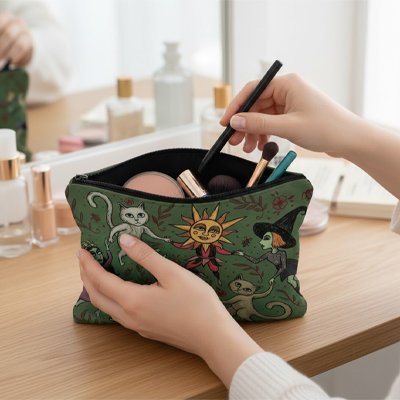 trousse de maquillage fantaisie verte ouverte sur coiffeuse des mains rangent pinceaux et cosmétiques avec flacons et miroir en arrière plan