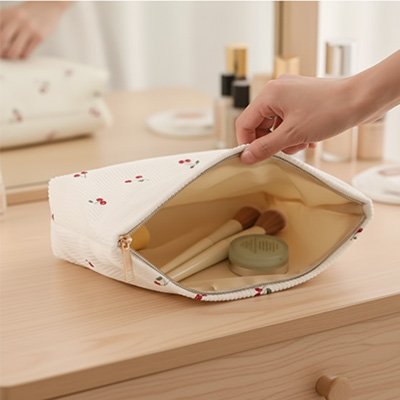 Trousse de maquillage, ouverte sur coiffeuse en bois 